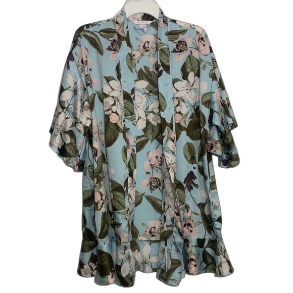 Victoria’s Secret Here Comes The Bride Satin Floral Blue Flounce Kimono Robe XS - Picture 2 of 10